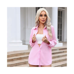 Women's Pink Shirt Casual Loose Solid Color Long Spring and Summer Long-Sleeved Shirts - Pink, L