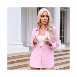 Women's Pink Shirt Casual Loose Solid Color Long Spring and Summer Long-Sleeved Shirts - Pink, XL