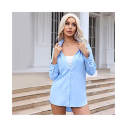 Women's Pink Shirt Casual Loose Solid Color Long Spring and Summer Long-Sleeved Shirts - Blue, XL