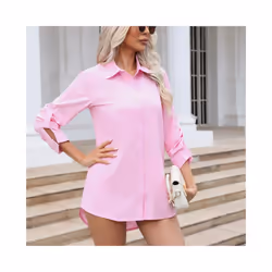Women's Pink Shirt Casual Loose Solid Color Long Spring and Summer Long-Sleeved Shirts - Blue, XL