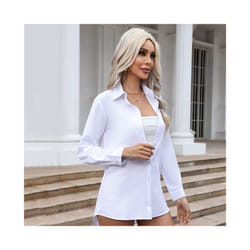 Women's Pink Shirt Casual Loose Solid Color Long Spring and Summer Long-Sleeved Shirts - WHITE, XL