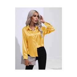 Elegant Women Satin Imitation Silk Long Sleeve Shirt Autumn Winter Solid Color Office Ladies Lapel Button Shirt Women's Clothing - Yellow, L