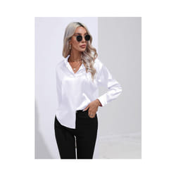 Elegant Women Satin Imitation Silk Long Sleeve Shirt Autumn Winter Solid Color Office Ladies Lapel Button Shirt Women's Clothing - WHITE, L