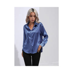 Elegant Women Satin Imitation Silk Long Sleeve Shirt Autumn Winter Solid Color Office Ladies Lapel Button Shirt Women's Clothing - Blue, L