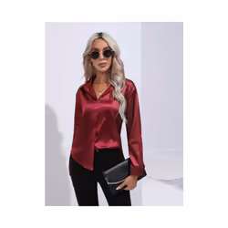 Elegant Women Satin Imitation Silk Long Sleeve Shirt Autumn Winter Solid Color Office Ladies Lapel Button Shirt Women's Clothing - Blue, L