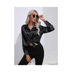Elegant Women Satin Imitation Silk Long Sleeve Shirt Autumn Winter Solid Color Office Ladies Lapel Button Shirt Women's Clothing - black, XXL