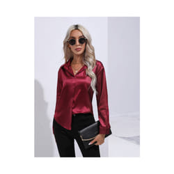 Elegant Women Satin Imitation Silk Long Sleeve Shirt Autumn Winter Solid Color Office Ladies Lapel Button Shirt Women's Clothing - Claret, XL