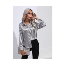 Elegant Women Satin Imitation Silk Long Sleeve Shirt Autumn Winter Solid Color Office Ladies Lapel Button Shirt Women's Clothing - Silver, L