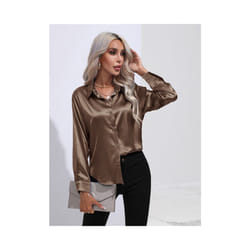 Elegant Women Satin Imitation Silk Long Sleeve Shirt Autumn Winter Solid Color Office Ladies Lapel Button Shirt Women's Clothing - Khaki, M
