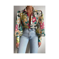 Spring Long Sleeve Top  New Print Retro Hong Kong Style Shirt Women Design Lantern Sleeve Single Breasted Blouse Femme Blusa - maroon, M