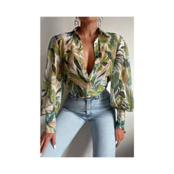 Spring Long Sleeve Top  New Print Retro Hong Kong Style Shirt Women Design Lantern Sleeve Single Breasted Blouse Femme Blusa - greenery, S