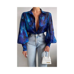 Spring Long Sleeve Top  New Print Retro Hong Kong Style Shirt Women Design Lantern Sleeve Single Breasted Blouse Femme Blusa - blue, XL