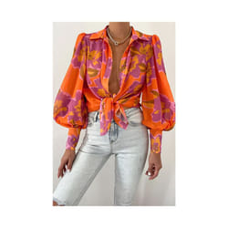 Spring Long Sleeve Top  New Print Retro Hong Kong Style Shirt Women Design Lantern Sleeve Single Breasted Blouse Femme Blusa - orange, M