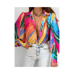 Spring Long Sleeve Top  New Print Retro Hong Kong Style Shirt Women Design Lantern Sleeve Single Breasted Blouse Femme Blusa - Chroma, S