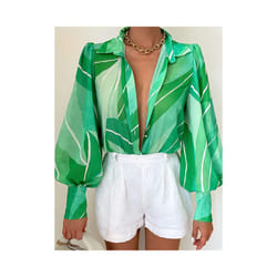 Spring Long Sleeve Top  New Print Retro Hong Kong Style Shirt Women Design Lantern Sleeve Single Breasted Blouse Femme Blusa - green, L