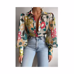 Spring Long Sleeve Top  New Print Retro Hong Kong Style Shirt Women Design Lantern Sleeve Single Breasted Blouse Femme Blusa - pollen, XL
