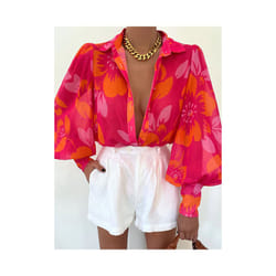 Spring Long Sleeve Top  New Print Retro Hong Kong Style Shirt Women Design Lantern Sleeve Single Breasted Blouse Femme Blusa - pollen, L
