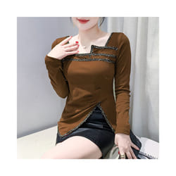 #7547 Irregular T Shirt Women Long Sleeve Skew Collar Short T Shirt Female Sexy Folds Skinny Woman T Shirt Diamonds Stretch Tee - Coffee, XXL