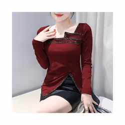 #7547 Irregular T Shirt Women Long Sleeve Skew Collar Short T Shirt Female Sexy Folds Skinny Woman T Shirt Diamonds Stretch Tee - black, XXXL