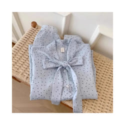 Blue Bow Lacing Chiffon Elegant Blouse Women Clothing Spring New Long Sleeve Polka Dot Print Fashion Shirt Tops Vintage Casual - Light  Blue, M