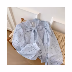 Blue Bow Lacing Chiffon Elegant Blouse Women Clothing Spring New Long Sleeve Polka Dot Print Fashion Shirt Tops Vintage Casual - Light  Blue, L