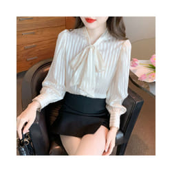 Korean Striped Long Sleeve Chiffon Blouse Summer New Thin Bow Patchwork Loose All-match Shirt Tops Fashion Elegant Women Clothes - Beige, XXXL
