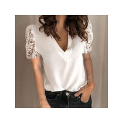 Women Lace Patchwork Blouse Spring Autumn V Neck Short&Long Sleeve Slim Blouse Shirts FYY-5090 - White Short, XXXL
