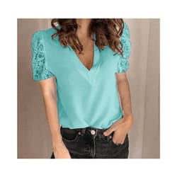 Women Lace Patchwork Blouse Spring Autumn V Neck Short&Long Sleeve Slim Blouse Shirts FYY-5090 - Blue short, L