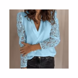 Women Lace Patchwork Blouse Spring Autumn V Neck Short&Long Sleeve Slim Blouse Shirts FYY-5090 - Blue changxiu, L