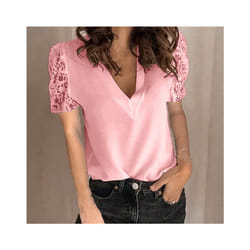 Women Lace Patchwork Blouse Spring Autumn V Neck Short&Long Sleeve Slim Blouse Shirts FYY-5090 - Pink short, S