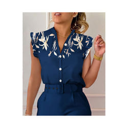 Commuter Women Summer Fashion Print Shirts Patchwork Design Ruffles Decor V-neck Sleeveless Slim Single Breasted Blouses Tops - Navy Blue, L