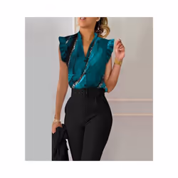 Commuter Women Summer Fashion Print Shirts Patchwork Design Ruffles Decor V-neck Sleeveless Slim Single Breasted Blouses Tops ...