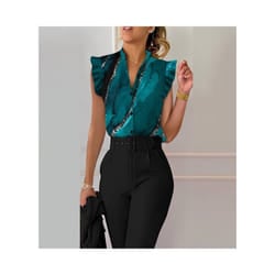Commuter Women Summer Fashion Print Shirts Patchwork Design Ruffles Decor V-neck Sleeveless Slim Single Breasted Blouses Tops - Blue, L