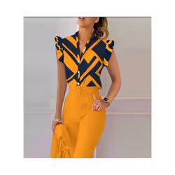 Commuter Women Summer Fashion Print Shirts Patchwork Design Ruffles Decor V-neck Sleeveless Slim Single Breasted Blouses Tops ...