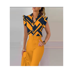 Commuter Women Summer Fashion Print Shirts Patchwork Design Ruffles Decor V-neck Sleeveless Slim Single Breasted Blouses Tops - Yellow, L