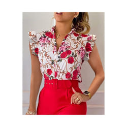 Commuter Women Summer Fashion Print Shirts Patchwork Design Ruffles Decor V-neck Sleeveless Slim Single Breasted Blouses Tops - Red, S