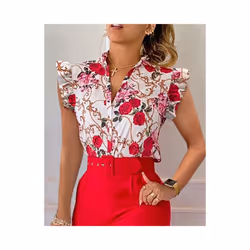 Commuter Women Summer Fashion Print Shirts Patchwork Design Ruffles Decor V-neck Sleeveless Slim Single Breasted Blouses Tops ...
