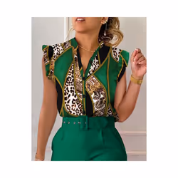 Commuter Women Summer Fashion Print Shirts Patchwork Design Ruffles Decor V-neck Sleeveless Slim Single Breasted Blouses Tops ...
