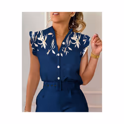 Commuter Women Summer Fashion Print Shirts Patchwork Design Ruffles Decor V-neck Sleeveless Slim Single Breasted Blouses Tops - green, L