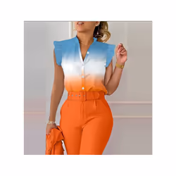 Commuter Women Summer Fashion Print Shirts Patchwork Design Ruffles Decor V-neck Sleeveless Slim Single Breasted Blouses Tops ...