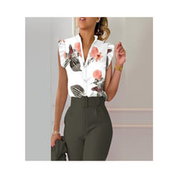 Commuter Women Summer Fashion Print Shirts Patchwork Design Ruffles Decor V-neck Sleeveless Slim Single Breasted Blouses Tops - WHITE, L