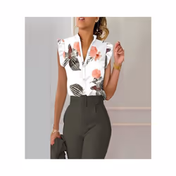 Commuter Women Summer Fashion Print Shirts Patchwork Design Ruffles Decor V-neck Sleeveless Slim Single Breasted Blouses Tops ...