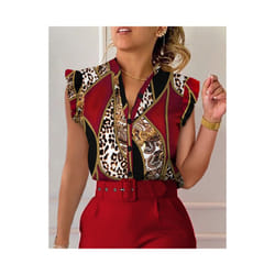 Commuter Women Summer Fashion Print Shirts Patchwork Design Ruffles Decor V-neck Sleeveless Slim Single Breasted Blouses Tops - Claret, XL
