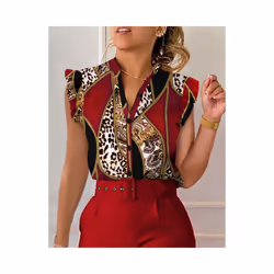 Commuter Women Summer Fashion Print Shirts Patchwork Design Ruffles Decor V-neck Sleeveless Slim Single Breasted Blouses Tops ...