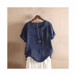 Women Cotton Linen Button Blouse Summer Female O-Neck Short Sleeve Solid Shirt Tops WYLP-M03 - Dark Blue, XL