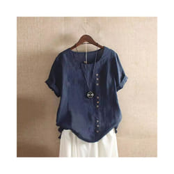 Women Cotton Linen Button Blouse Summer Female O-Neck Short Sleeve Solid Shirt Tops WYLP-M03 - Dark Blue, XL