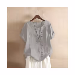 Women Cotton Linen Button Blouse Summer Female O-Neck Short Sleeve Solid Shirt Tops WYLP-M03 - Gray, M