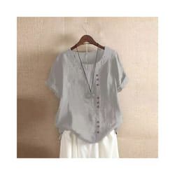 Women Cotton Linen Button Blouse Summer Female O-Neck Short Sleeve Solid Shirt Tops WYLP-M03 - Gray, M