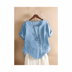 Women Cotton Linen Button Blouse Summer Female O-Neck Short Sleeve Solid Shirt Tops WYLP-M03 - Sky Blue, 2XL