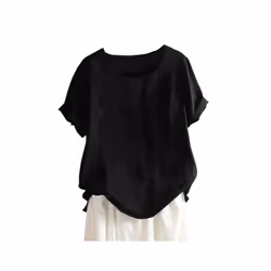 Women Cotton Linen Button Blouse Summer Female O-Neck Short Sleeve Solid Shirt Tops WYLP-M03 - Black, L
